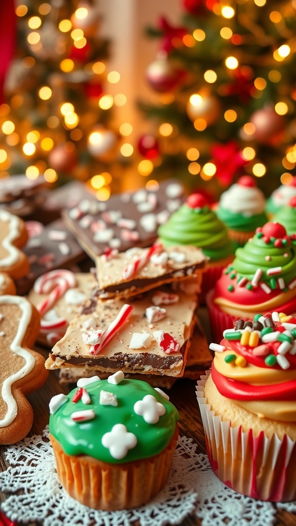 Easy Christmas Dessert Recipes An assortment of Christmas desserts including gingerbread cookies, peppermint bark, and holiday cupcakes on a festive table.